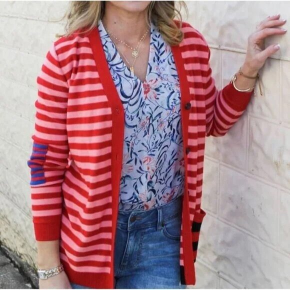 CABI womens SWEATER pink CARDIGAN red STRIPED picnic POCKET size XL - Picture 2 of 11